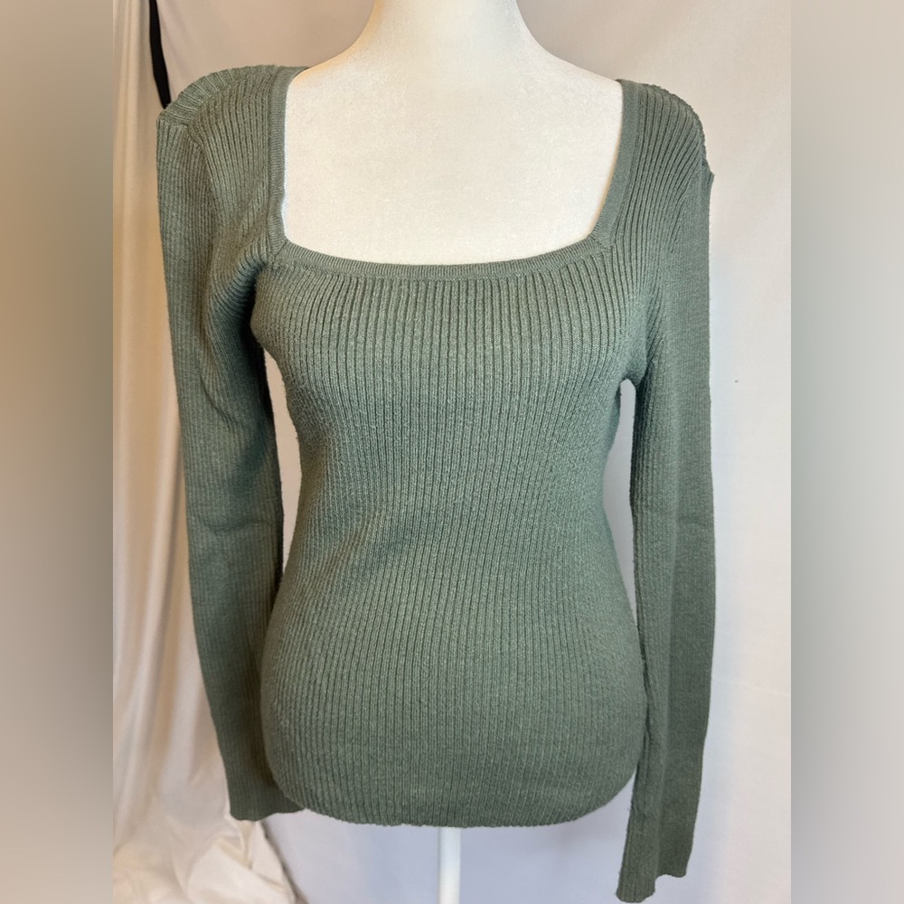 Nine West Ribbed Square Neck Sweater - Olive